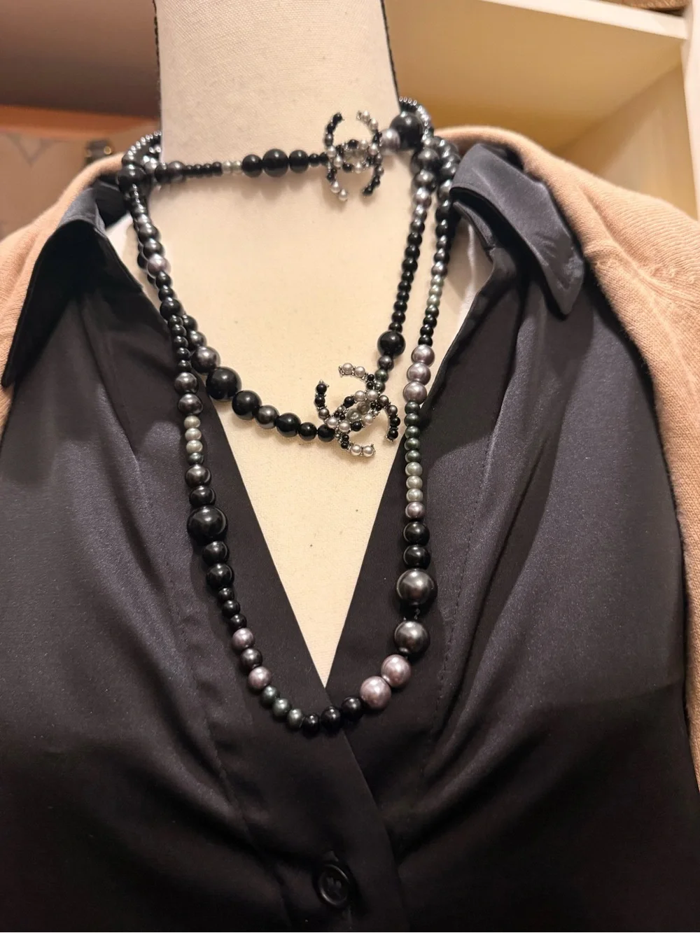 CHANEL Long Black and Silver Beaded Necklace with Pearl Accents